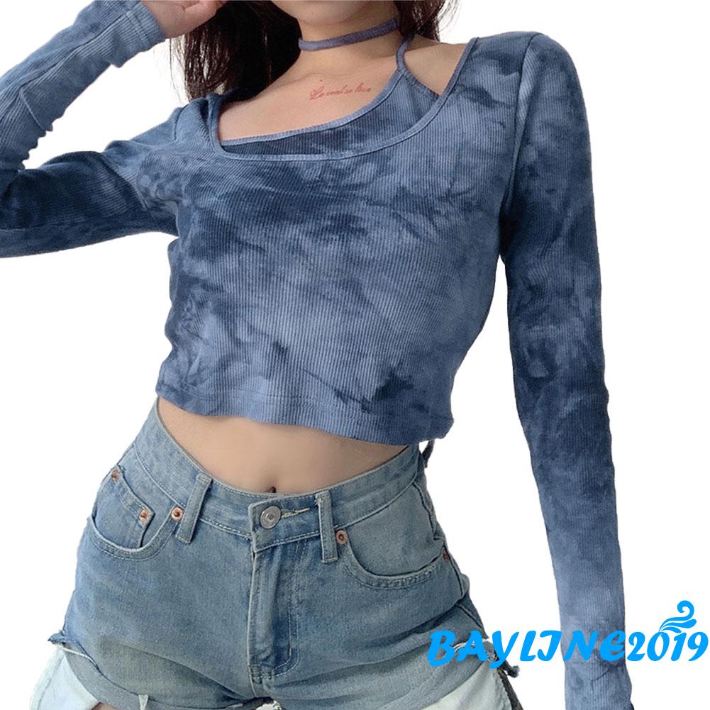 Áo thun tay dài cổ tròn thiết kế hở eo cá tính cho nữ | BigBuy360 - bigbuy360.vn