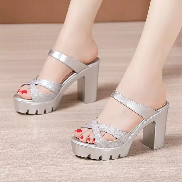 Dép cao gót đế đúc phối kim tuyến sang chảnh