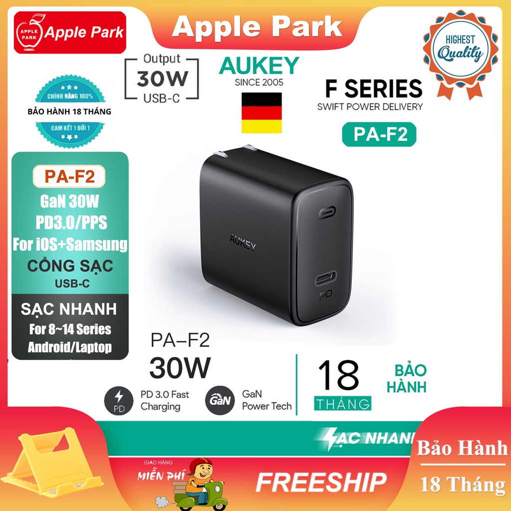 Củ Sạc Nhanh Aukey PA-F2 30W,Cho Loptop 30W PD 20W,for 13 Pro Max 27W,Bảo Hành 18T