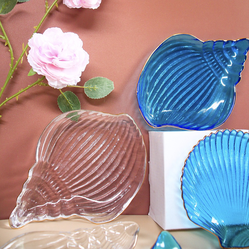 Bộ bát đĩa Thủy Tinh 💚VỎ SÒ 💚 Bộ Đĩa decor nhà bếp 💚 Set đĩa vỏ sò đáng yêu
