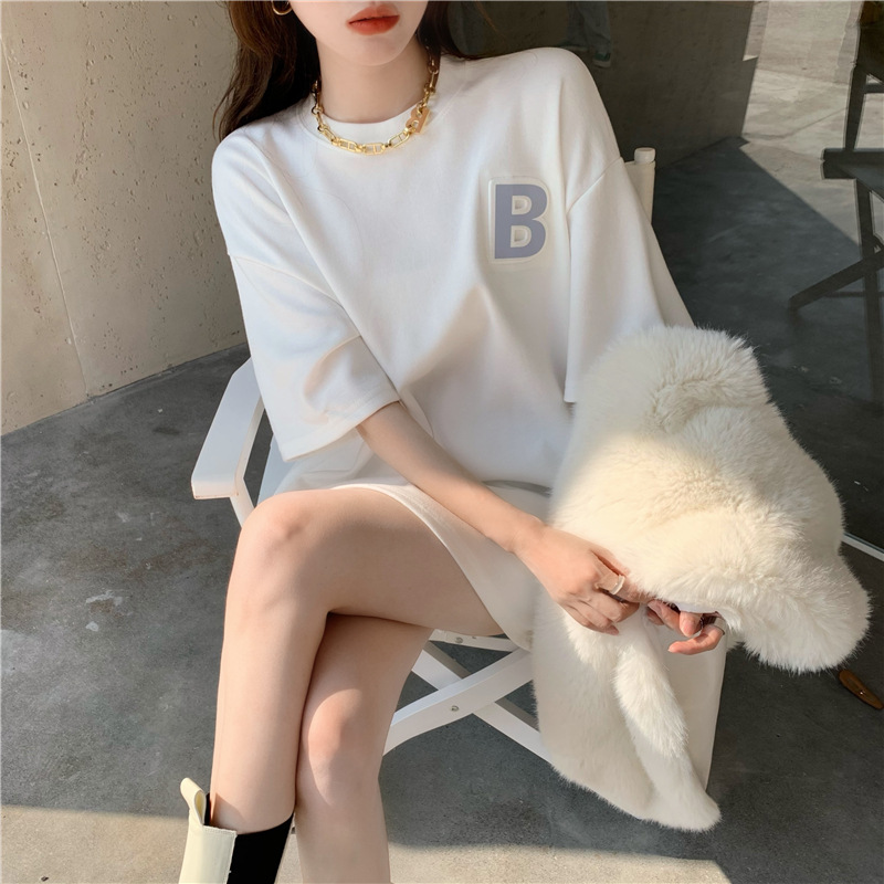 THEODORA  White/Black/Blue 3D letter embossed short sleeve t shirt Fashion reflective pattern loose half sleeve t-shirt Personality mid-long women tops