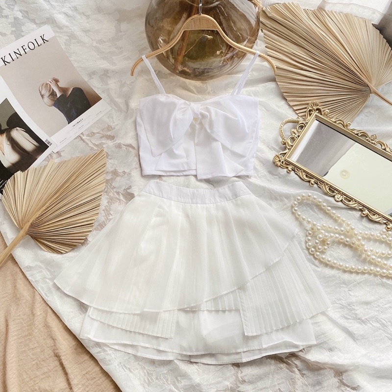 Set Áo Trắng 2S Nơ Ngược Bản To + Chân Váy Xếp Ly Tầng Freesize