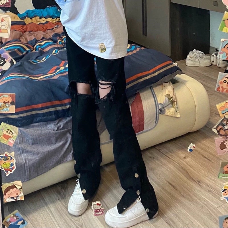 Quần jeans rách gối cạp cao unisex ống phối cúc bấm phong cách Hàn quốc