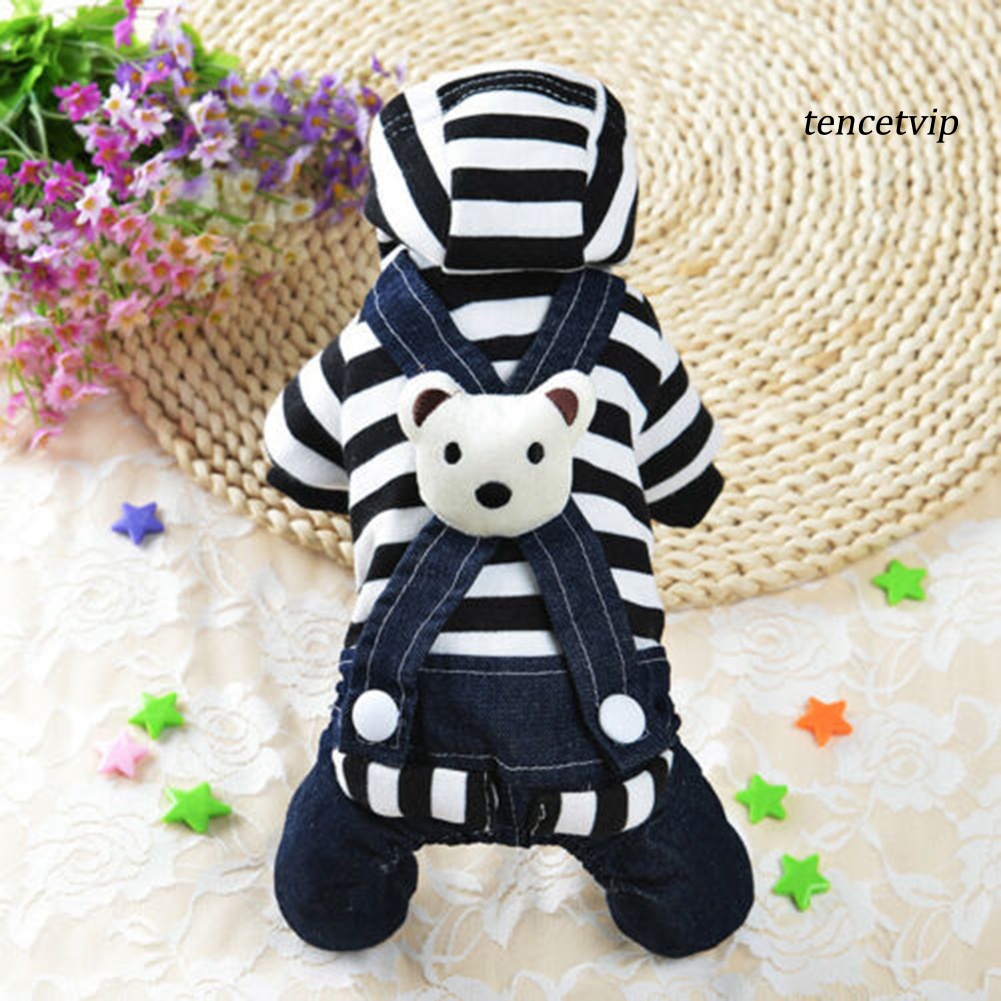 Áo liền quần có mũ trùm/Đầm cho chó cưng chất liệu denim họa tiết kẻ sọc dễ thương
