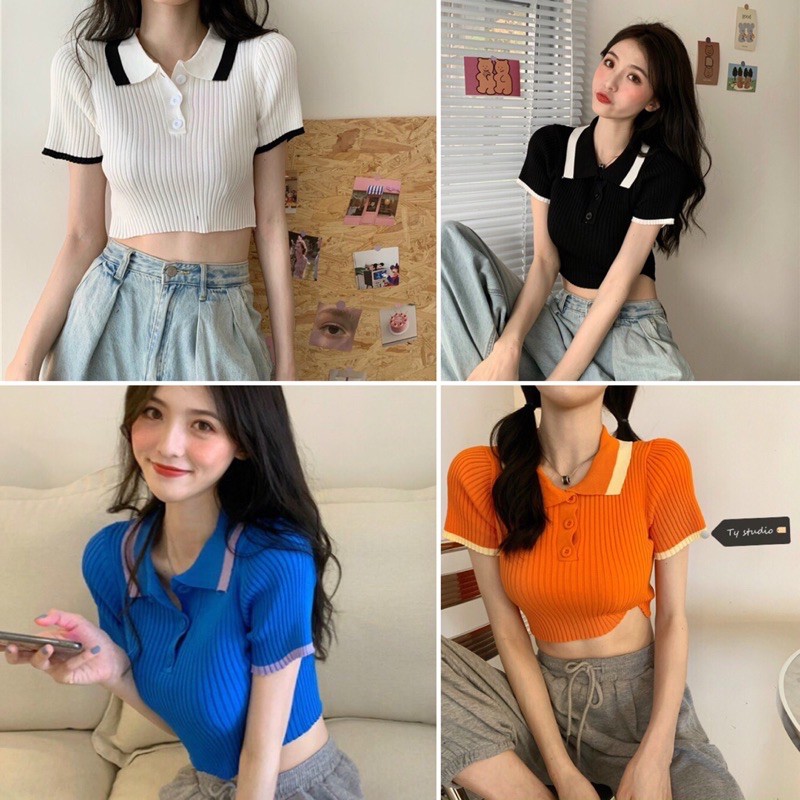 Áo len mongtoghi croptop viền cúc ngực