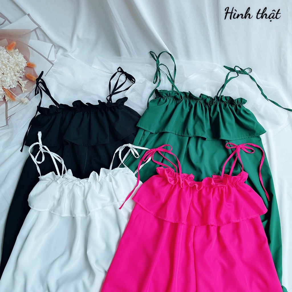 Đầm 2 dây tiểu thư dáng xòe, đầm maxi dáng dài cột nơ vai đi biển