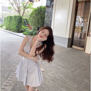 Váy sơ mi nữ xếp eo xanh nhạt