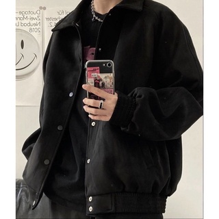 Áo khoác bomber da lộn cao cấp basic trơn đen, trơn xám form rộng unisex Nam Nữ