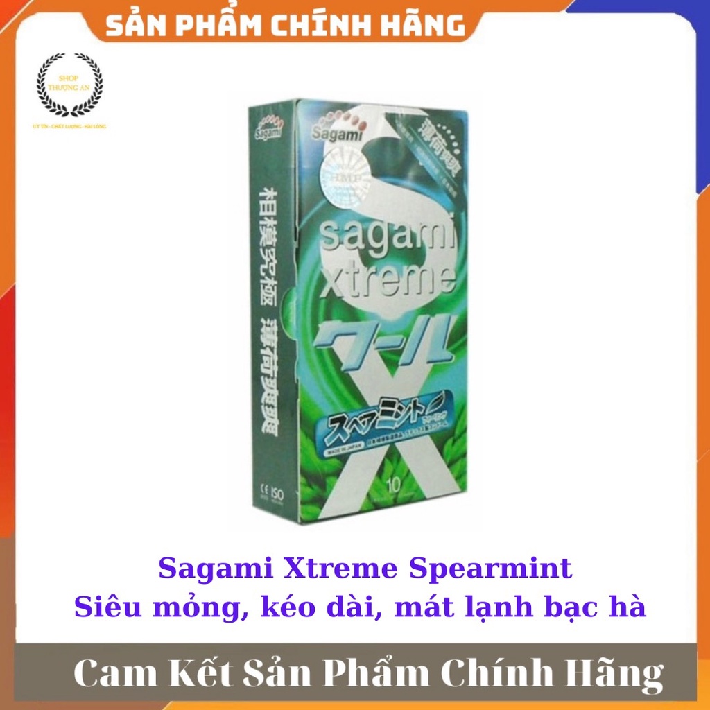 [ GIÁ SỈ ] - Bao cao su Sagami Xtreme Spearmint, Siêu mỏng, co giãn, mát lạnh bạc hà, kéo dài thời gian - Hộp 10 cái