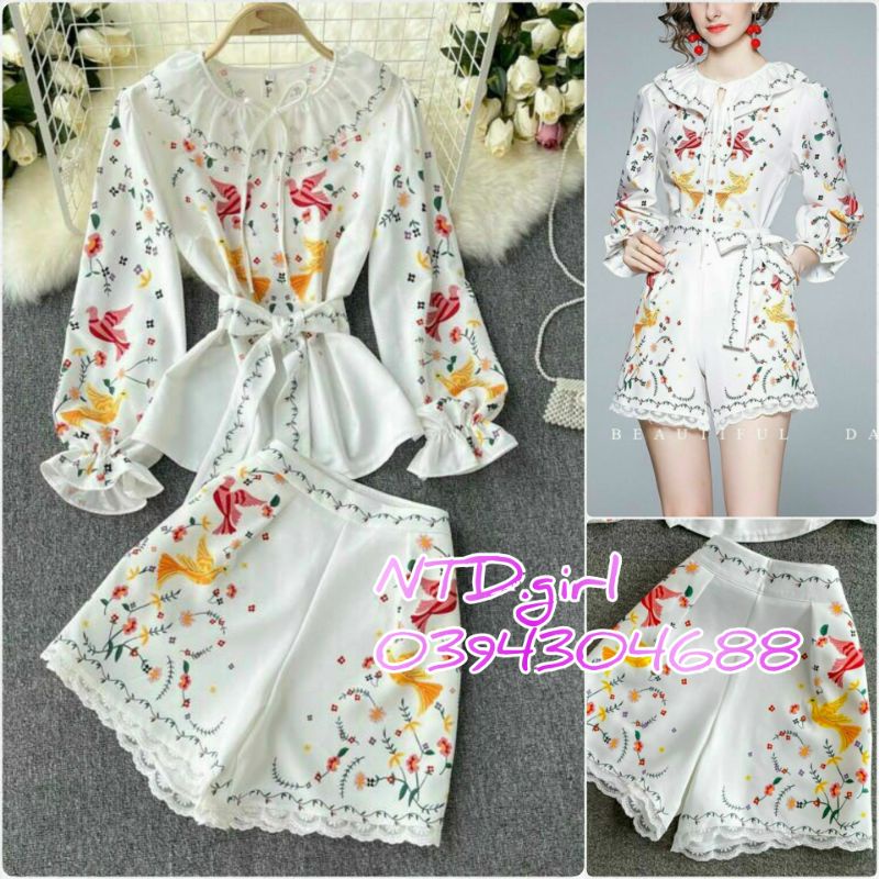 Hàng nhập - Set bộ nữ short lụa viền bèo, bộ đùi nữ thời trang in hoa