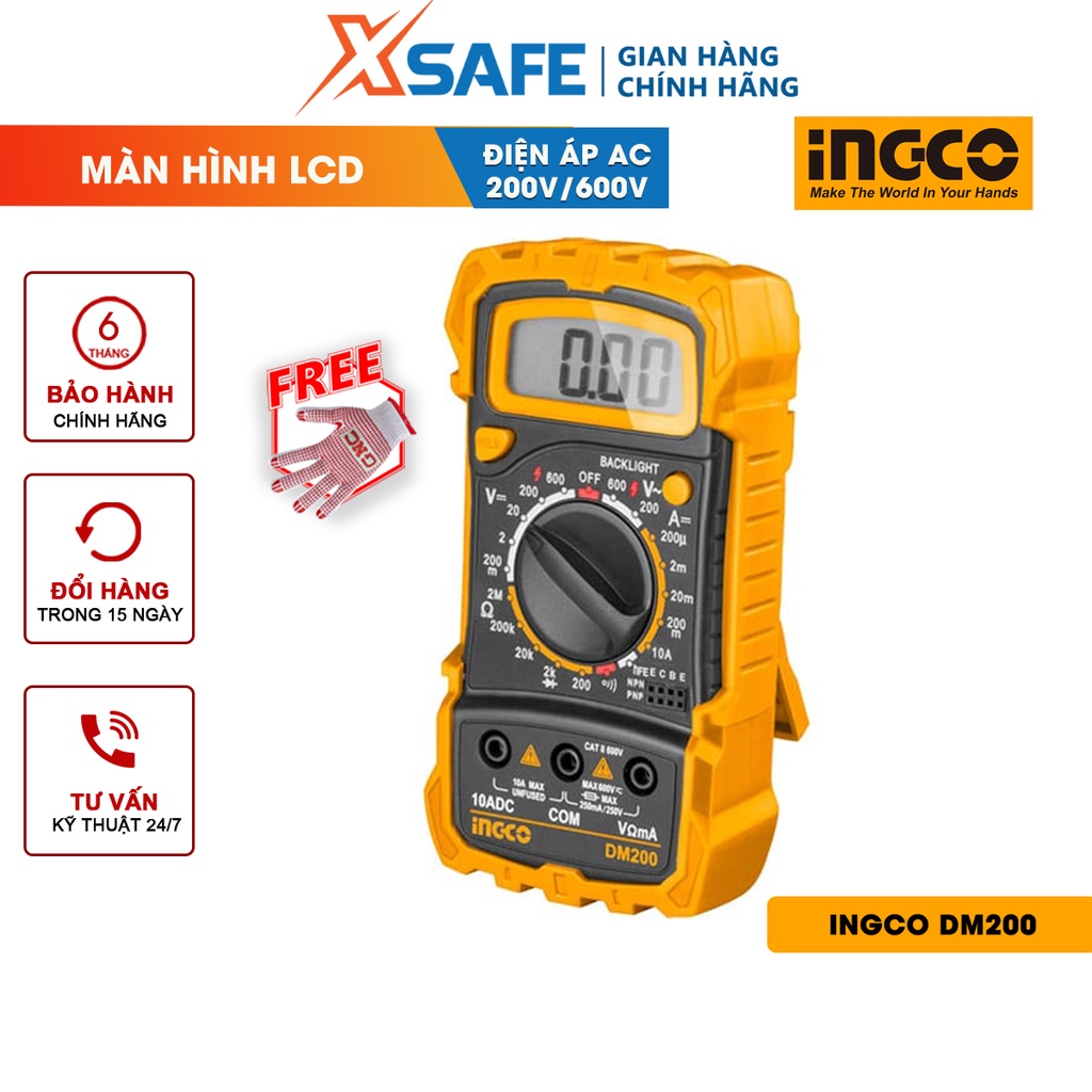 Đồng hồ đo điện vạn năng INGCO DM200 - Màn hình LCD 1999 số đếm, Đèn nền DCV 200mV-600V, ACV 200V/600V