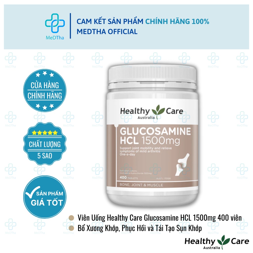 Glucosamine HCL 1500mg Healthy Care - Bổ Xương Khớp, Dịch Khớp, Khô Khớp, Cứng Khớp (Lọ 400 Viên) [Chính Hãng]