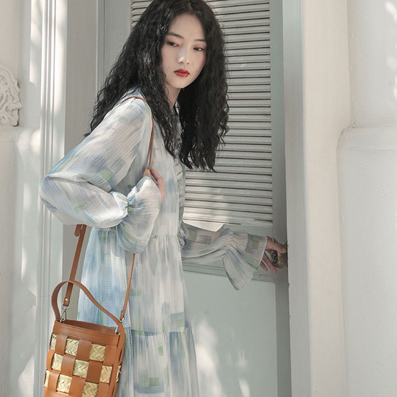 Đầm Tay Dài Sọc Ca Rô Phong Cách Hàn Quốc Trẻ Trung Nhẹ Nhàng Cho Nữ