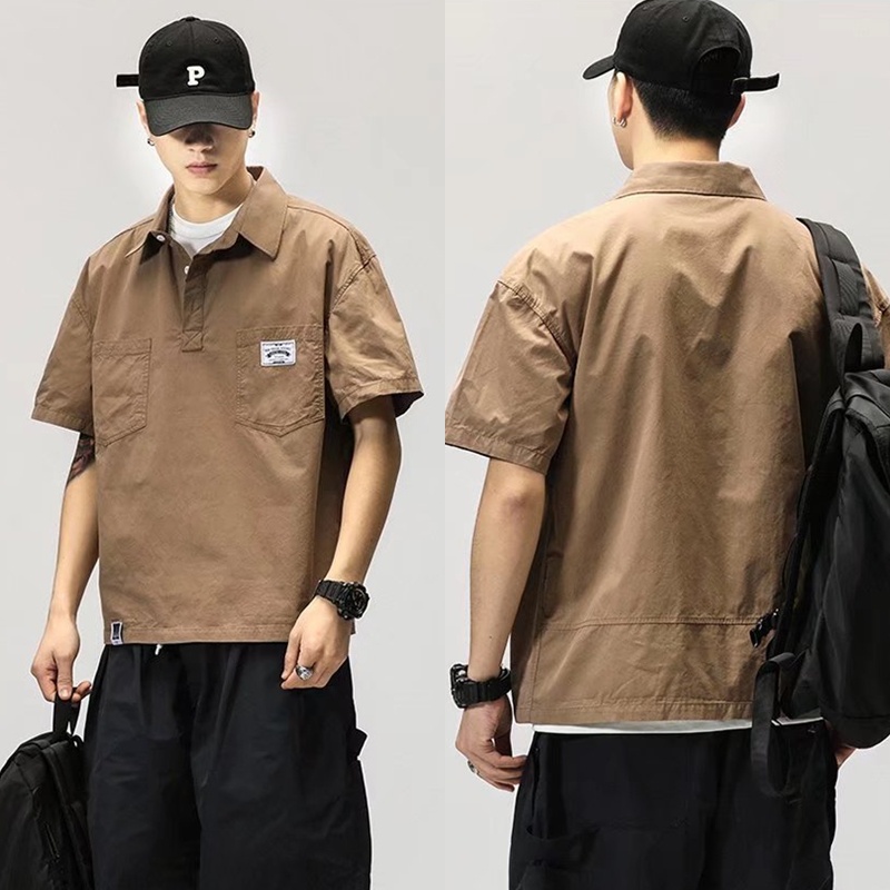 Áo polo KT ngắn tay form rộng phong cách retro đường phố Nhật Bản