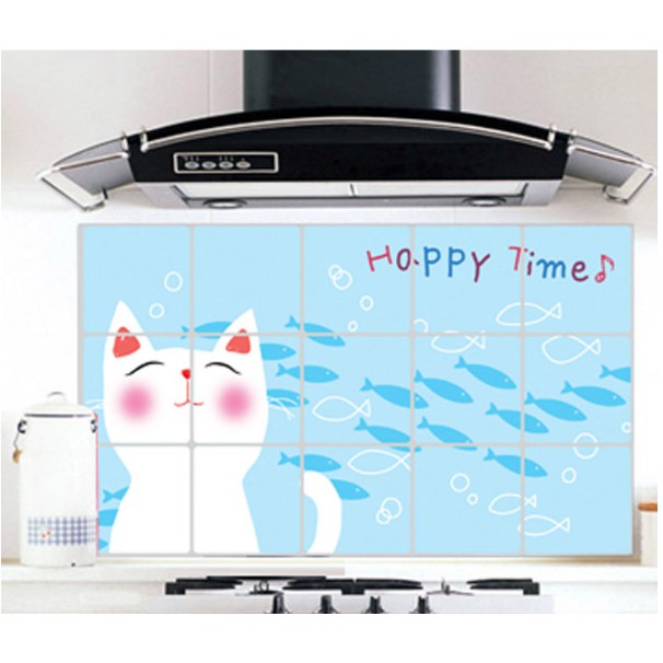 Decal dán bếp tráng nhôm cách nhiệt - mèo trắng Happy Time