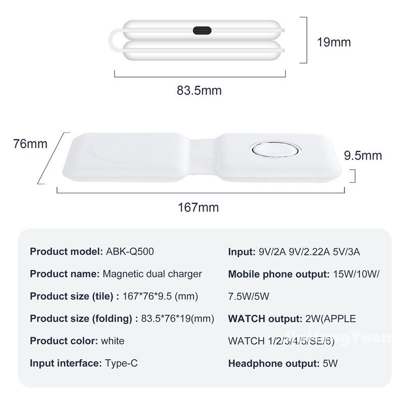 Q500 Thích hợp cho iPhone 12 Iwatch AirPods Sạc nhanh MagSafe Magnetic Bộ sạc không dây hai trong một có thể gập lại