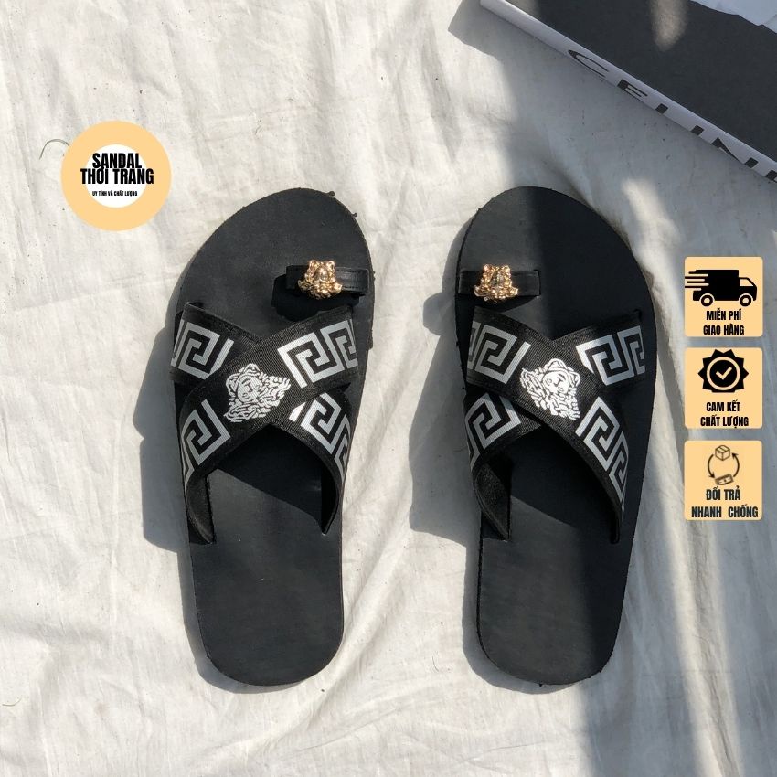 Dép sandal xỏ ngón quai chéo nam nữ, Dép sỏ ngón [ẢNH THẬT 100%] đế đen, da Pu cao cấp full size 30-44 SANDALTHOITRANG