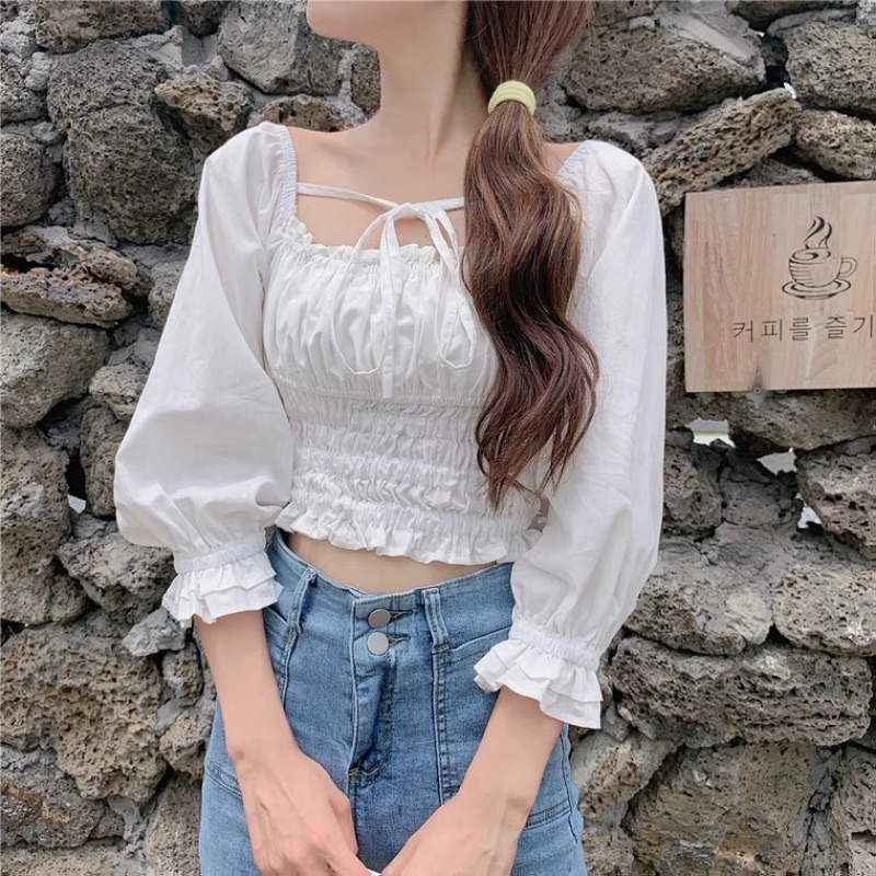 Áo Sơmi Dáng Croptop Thắt Nơ LISA BLACKPINK Hàng QC Cao Cấp Summer 2022