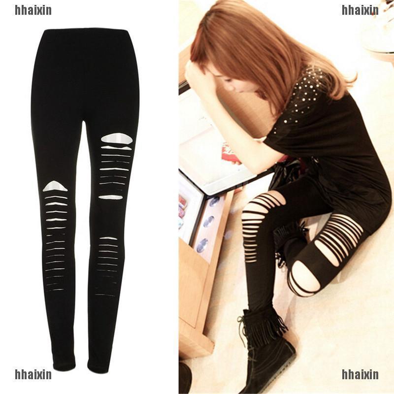 Quần legging phối rách màu đen thời trang quyến rũ cá tính cho nữ