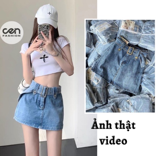 Chân váy jean kèm đai to Lưng Cao, có quần trong CEN FASHION