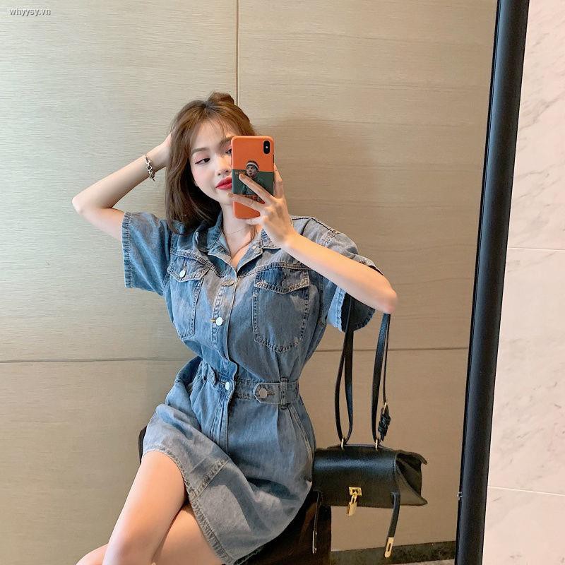 Đầm denim tay ngắn phối nút phong cách Hàn Quốc thời trang mùa hè cho nữ