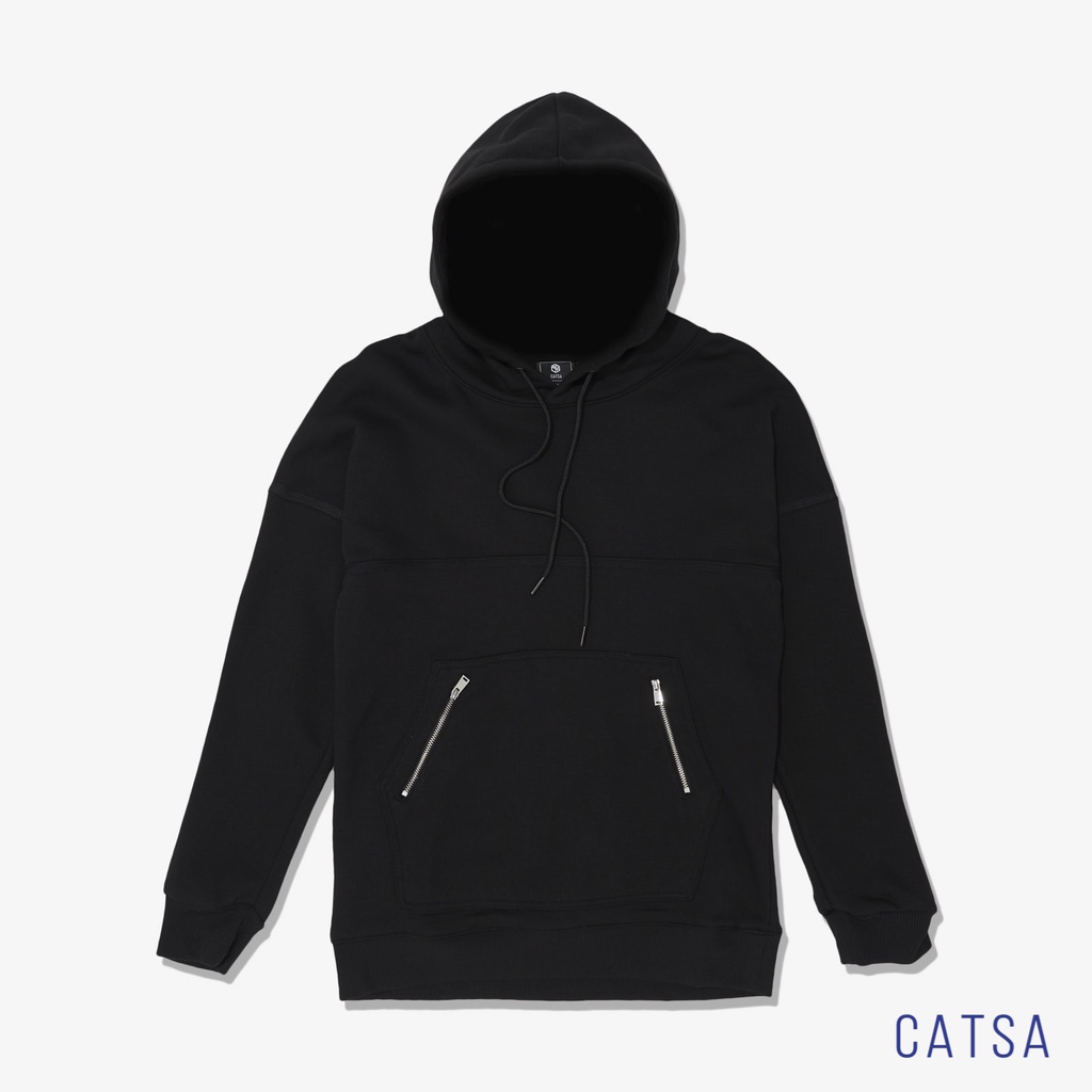 Áo hoodies đen có nón phối túi khóa, áo thun dày dặn, mềm mại, thoải mái CATSA ATH020