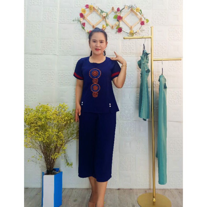 Đồ Bộ Trung Niên Ống Rộng Lững Thiết Kế Thêu Thổ Cẩm