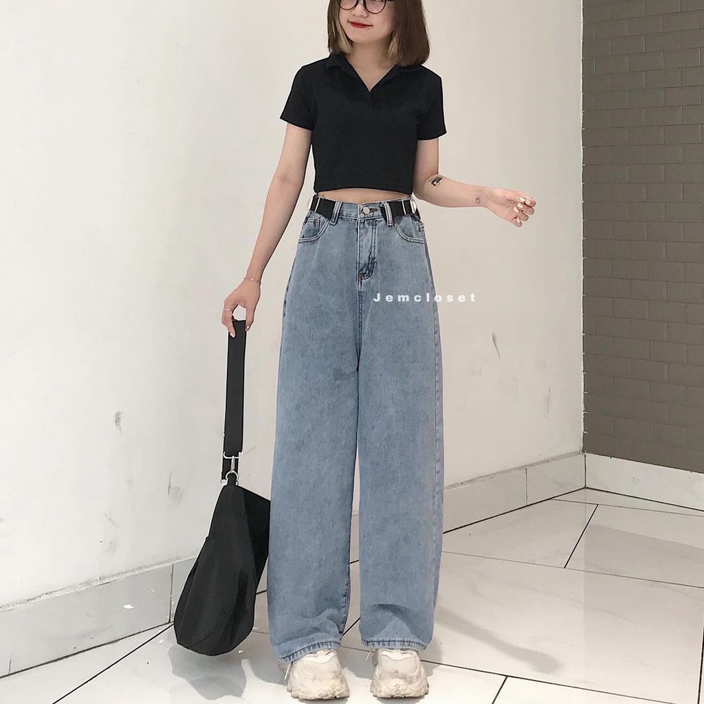 Quần Jeans Nữ Ống Rộng Kèm Thắt Lưng Eo Quần Bò Form Unisex Màu Xanh Thoải Mái Dễ Phối Đồ  - 2264 JEM CLOSET