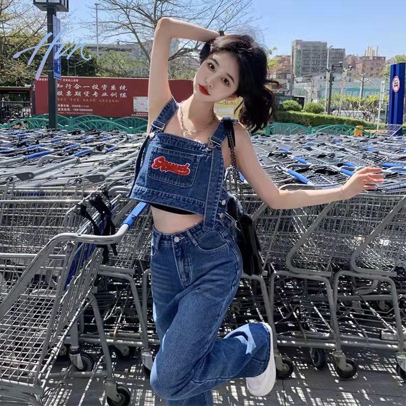 Set Áo Thun Ngắn Tay Cổ Tròn + Quần Yếm Denim Ống Rộng Xẻ Tà Thời Trang Mùa Hè Mới