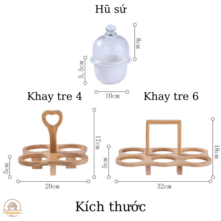 Khay tre đựng mứt tết, bánh kẹo, hoa quả - gồm hũ sứ - chụp thủy tinh sang trọng – set 4 và 6 hũ - phong cách Nhật Bản