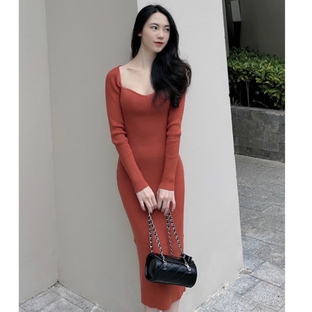 (Ảnh thật shop chụp) Váy len body cổ vuông V1026 ⚡️đầm len body thời trang Quảng Châu cao cấp xịn sò