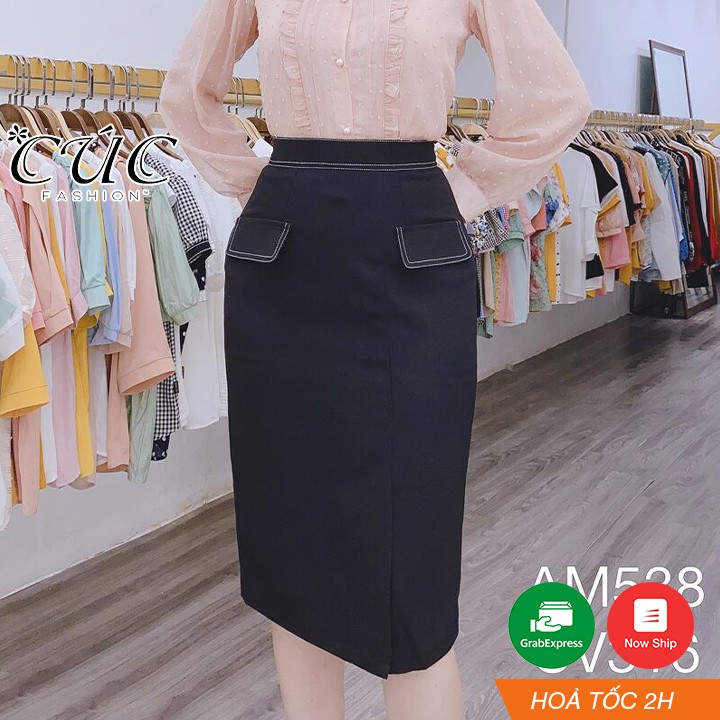 Chân váy đầm bút chì công sở cao cấp dáng dài Cúc Fashion CV316 cv 2 nắp túi xẻ trước