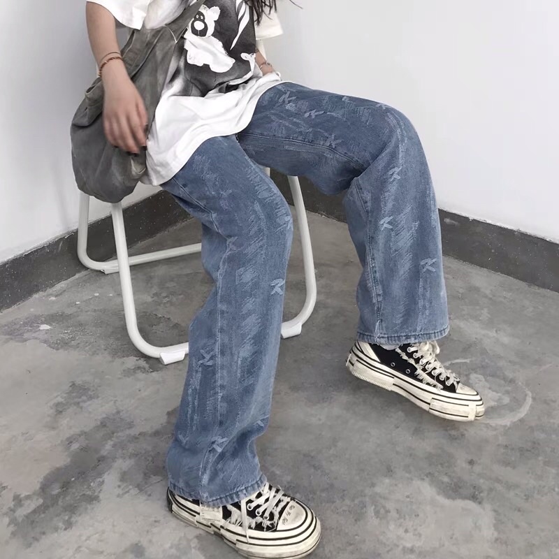 Quần bò jeans ống rộng mài hoạ tiết màu xanh nhạt hiphop siêu chất ❤️