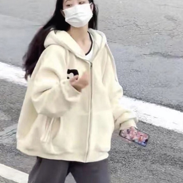 ZHELIHANGFEI Áo Khoác Tay Dài Có Nón Phối Khóa Kéo Phong Cách Nhật Bản