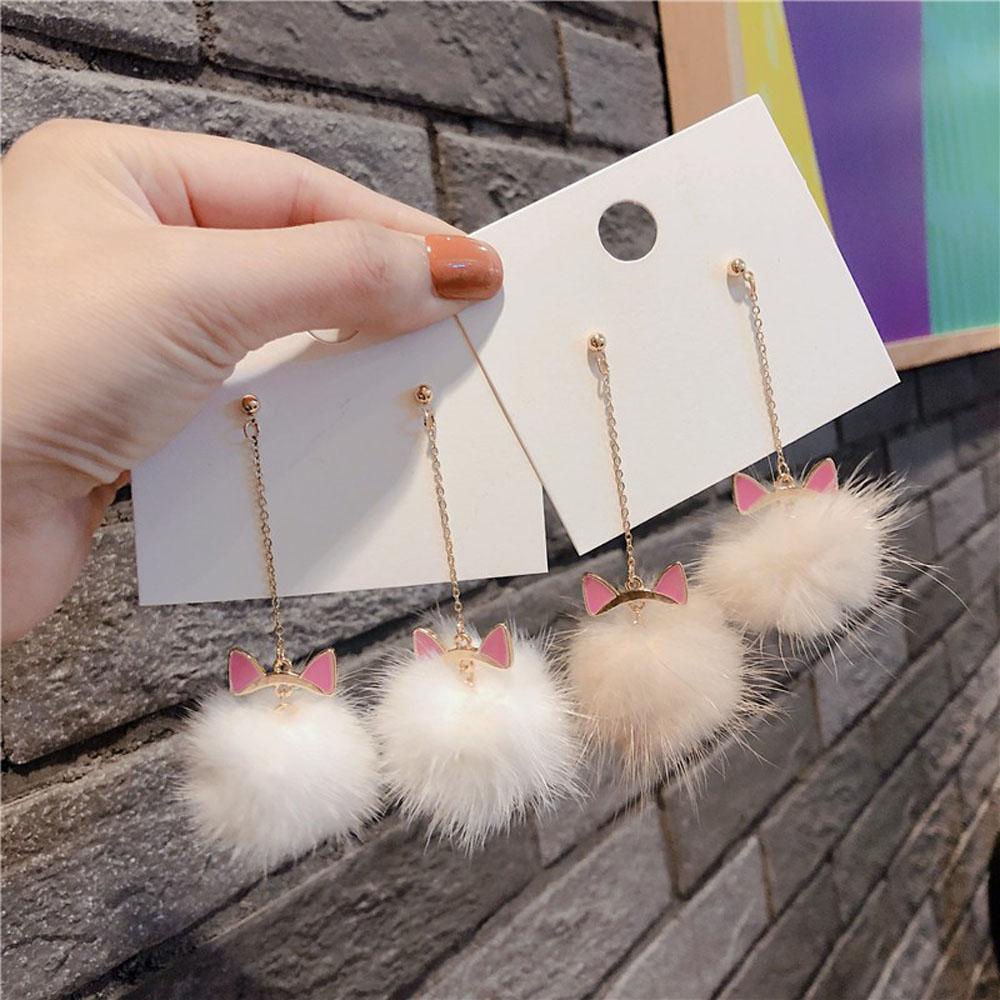 Bông Tai Dáng Dài Hình Tai Mèo Bằng Lông Chồn Dễ Thương Phong Cách Hàn Quốc