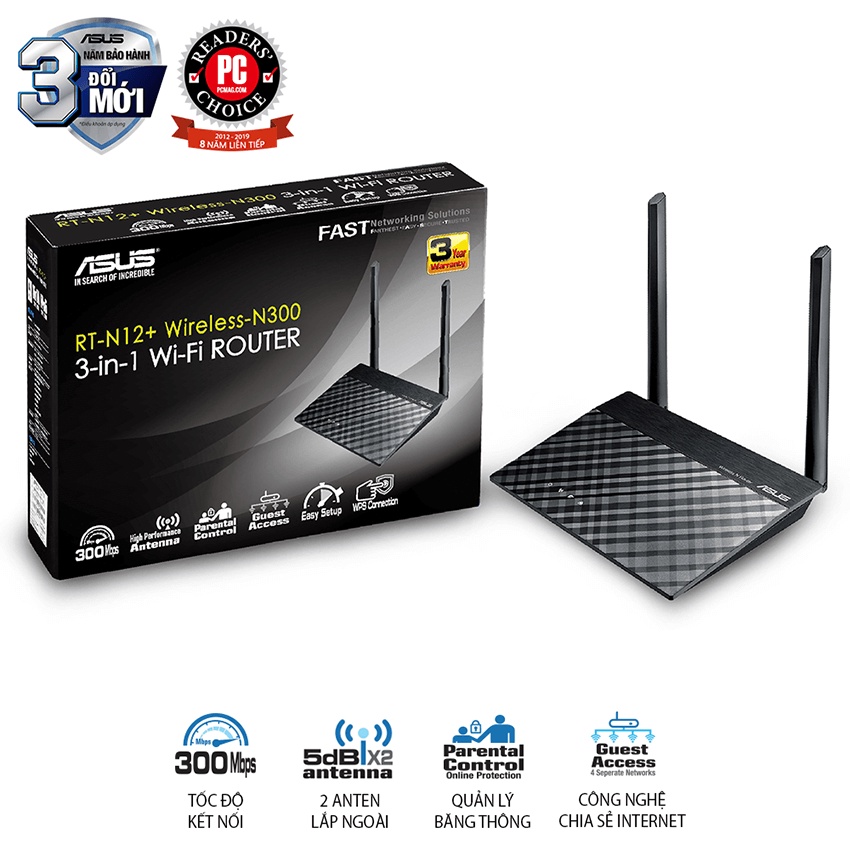 Bộ phát Wifi Asus RT-N12+ chuẩn N tốc độ 300Mbps (Chính Hãng Asus Việt Nam)