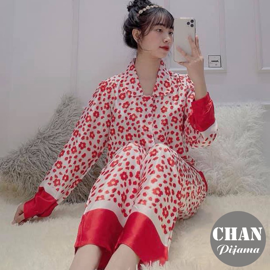 Bộ quần áo mặc nhà Pijama nữ vải lụa satin hàng cao cấp loại 1, họa tiết màu đỏ cực nổi bật và bắt mắt giá rẻ tại hà nội