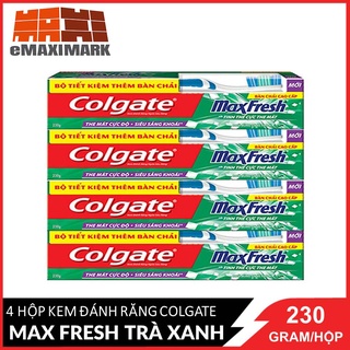 Bộ 4 Kem đánh răng Colgate the mát thổi bùng sảng khoái Maxfresh 230g tặng bàn chải đánh răng lông tơ