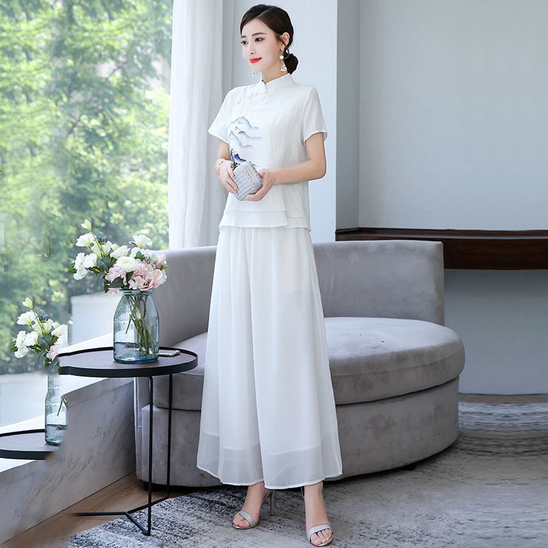 Đĩa đơn hoặc bộ đồ nữ Hanfu nút giả vải lanh phía trên Quần ống rộng voan Dịch vụ trà thêu phong cách Trung QuốcZZ
