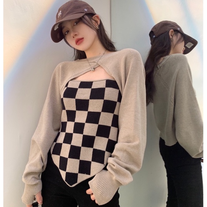Áo len tay dài hai mảnh họa tiết kẻ ô màu trơn dành cho nữ