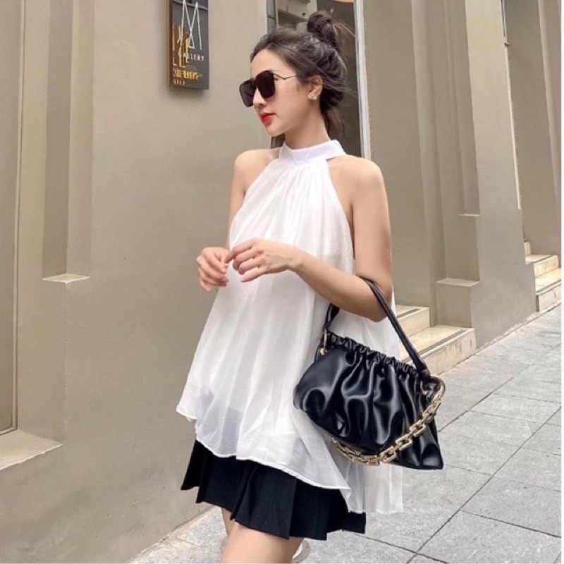 Áo Kiểu Nữ Tiểu Thư Sang Chảnh Cổ Yếm 2 lớp- Áo Hở Vai Bánh Bèo Trắng(ảnh thật -sẵn)