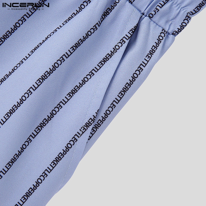 Set trang phục INCERUN với áo sơ mi kẻ sọc ngắn tay và quần ngắn lưng thun thời trang cho nam