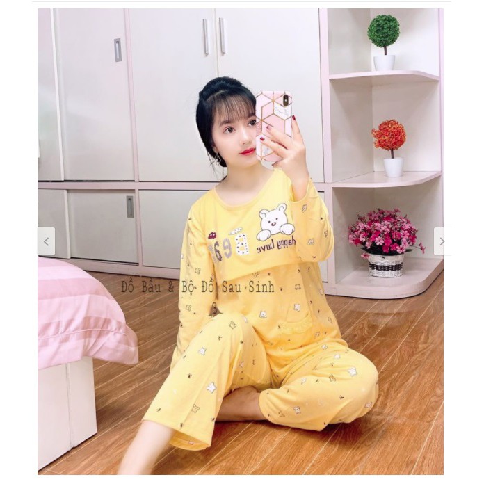 Bộ bầu sau sinh dài tay cotton lật ngực cho bé bú quần có chun chỉnh bụng cho mẹ áo lật vạt ti