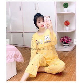 BỘ BẦU SAU SINH DÀI TAY COTTON LẬT NGỰC CHO BÉ BÚ, QUẦN CÓ CHUN CHỈNH BỤNG