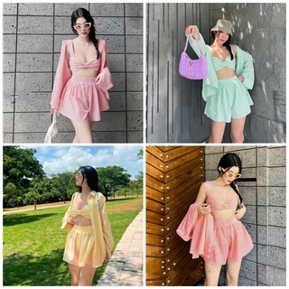 Set áo hai dây croptop nơ ngực áo sơ mi kèm short