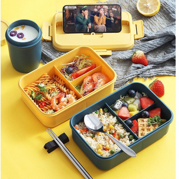 Hộp đựng cơm 3 ngăn DrbStore hộp cơm văn phòng chất liệu lúa mạch tặng kèm thìa đũa