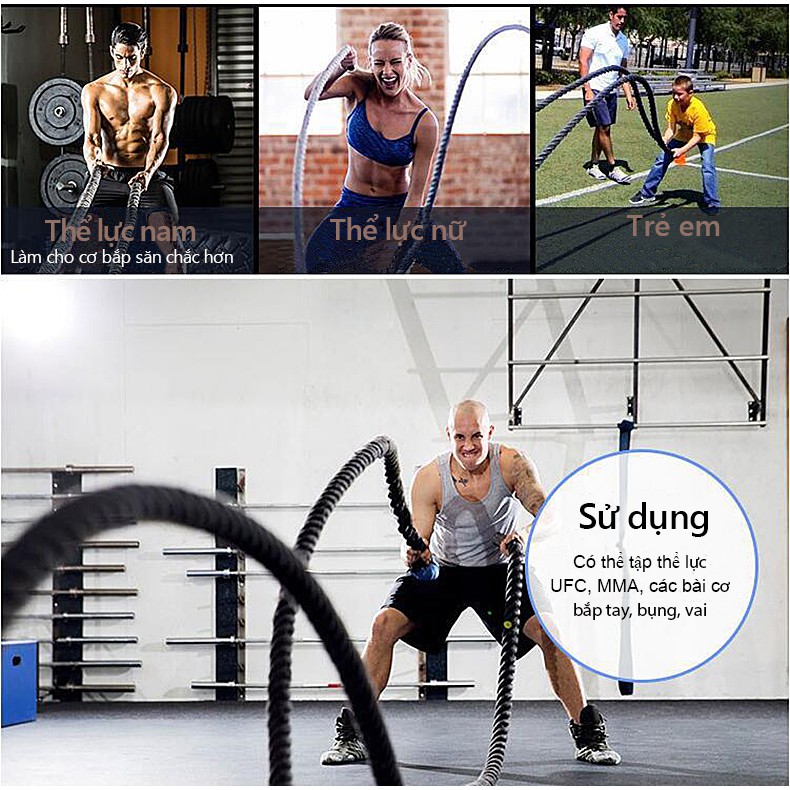 OT105 Thể hình Dây thừng tập gym dây thừng chiến đấu dây tập thể lực rèn cơ bắp dày 38mm * Dài 12 mét (Tặng bảo hộ)