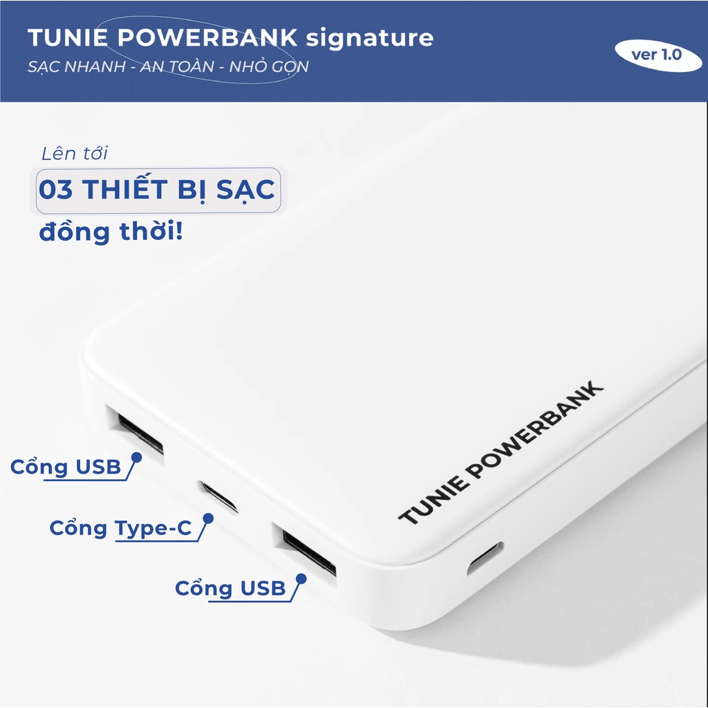 Sạc Dự Phòng Tunie Signature 10000mAh20000mAh Hỗ Trợ Sạc Nhanh, 3 Cổng