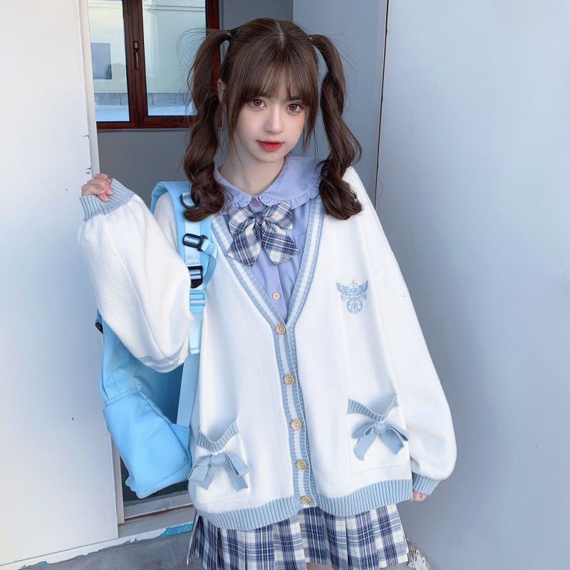 Áo Khoác Cardigan Dệt Kim Cổ Chữ v Dáng Rộng Thêu Họa Tiết Thắt Nơ Phong Cách Nhật Bản Thời Trang Thu Đông