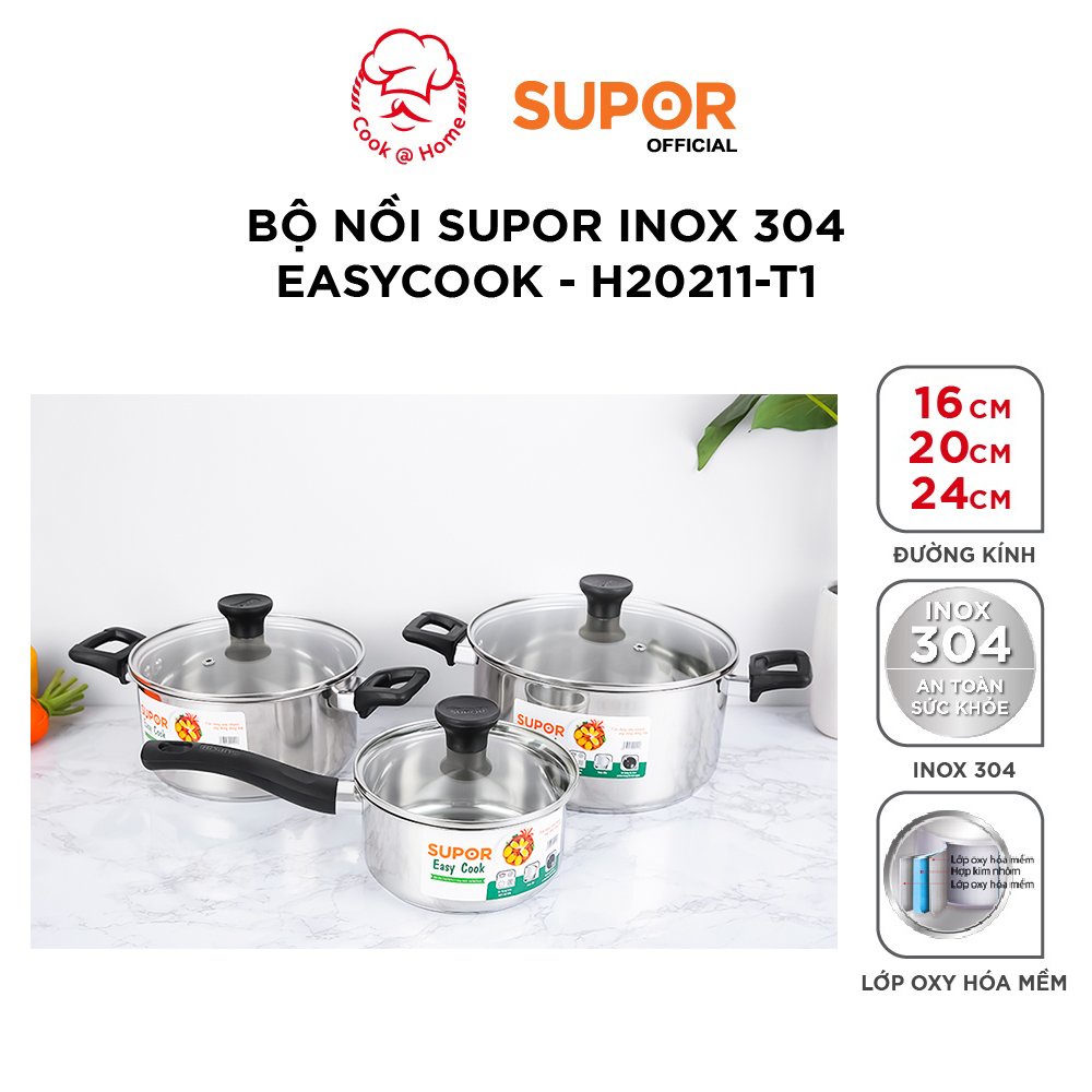 Bộ nồi Supor inox 304 Easycook size 16, 20, 24cm - H20211-T1